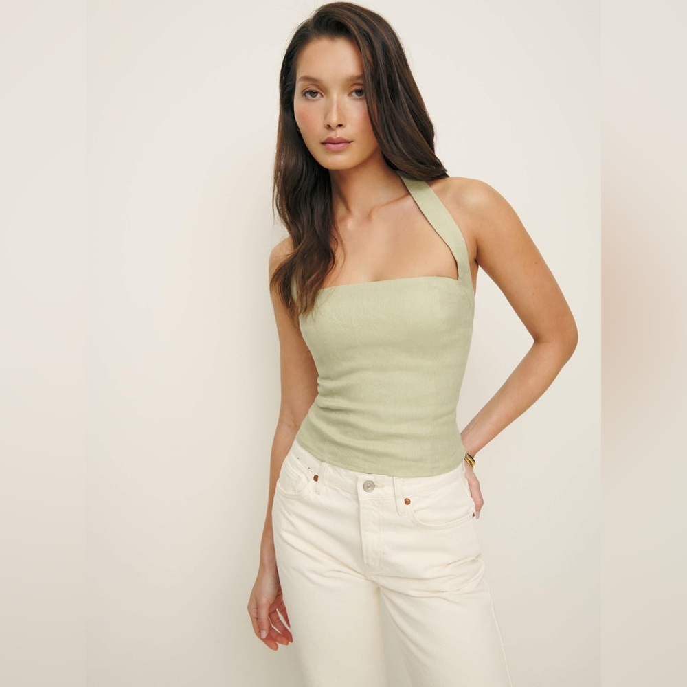 Reformation Malika linen halter top in dried herbs - size 4